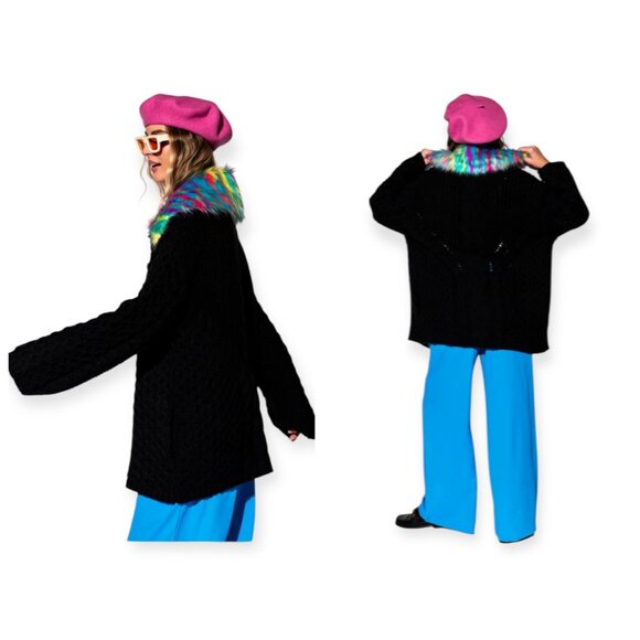 Lala Unbothered Grandpa Cardigan Button Up Chunky Cable Knit Black Size S/M - Picture 3 of 5